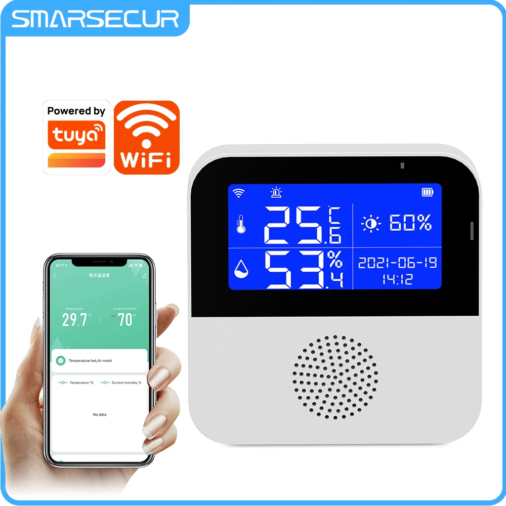 SMARSECUR Tuya Smart WIFI Temperature and Humidity Sensor with Backlight LCD Display Indoor Thermometer Meter Support Alexa