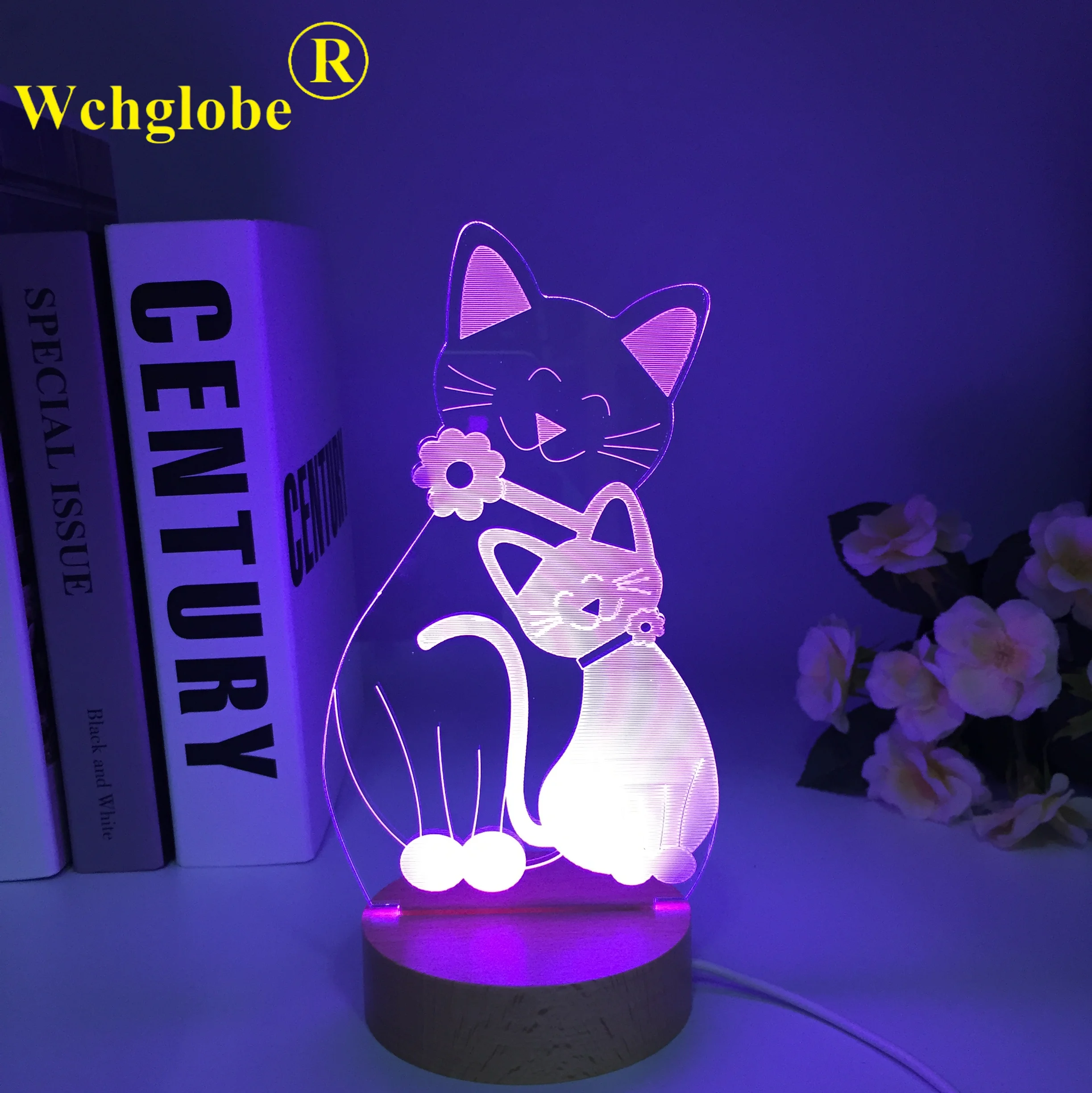 

Cute Flash Cat Lamp Wooden Round Base Colors Changing Nightlight Atmosphere Light 3D Cat Mood Touch Lamp Home Decor Kids Gift