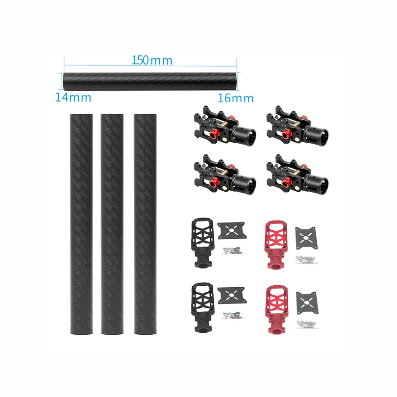 JMT 4PCS Carbon Fiber Tube 16MM*14MM*150MM with Z16 Folding Arm Fixing Connector Joint with 16mm Motor Mount for RC DIY Drone