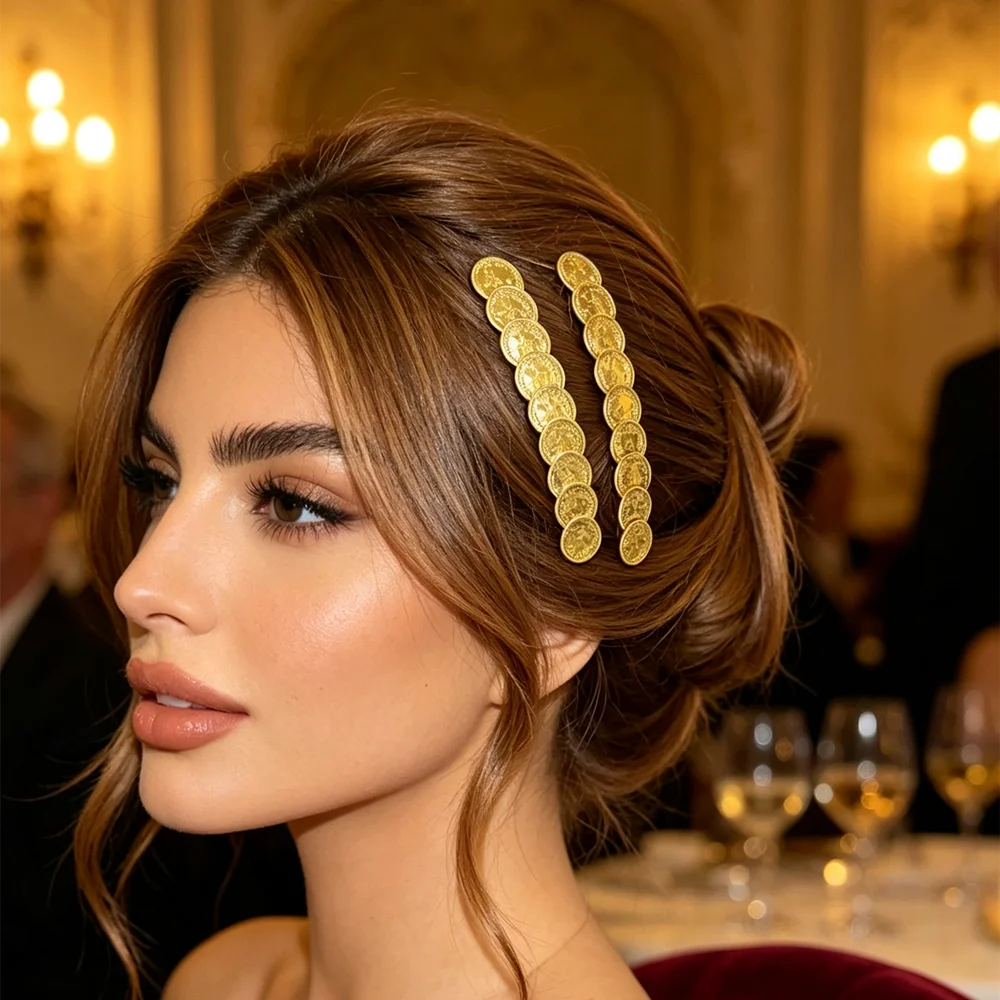 Retro Gold Plated Coin Hair Barrettes Embossed Metal Coin Hair Clips Women Bohemian Wedding Festival Hair Jewelry