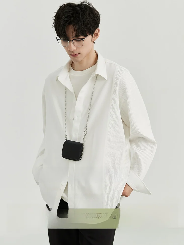 

White Spliced Long Sleeve Men's Shirt Loose Fit Fashion Urban Style Autumn Winter New Korean Version Commute Top Polyester Blend