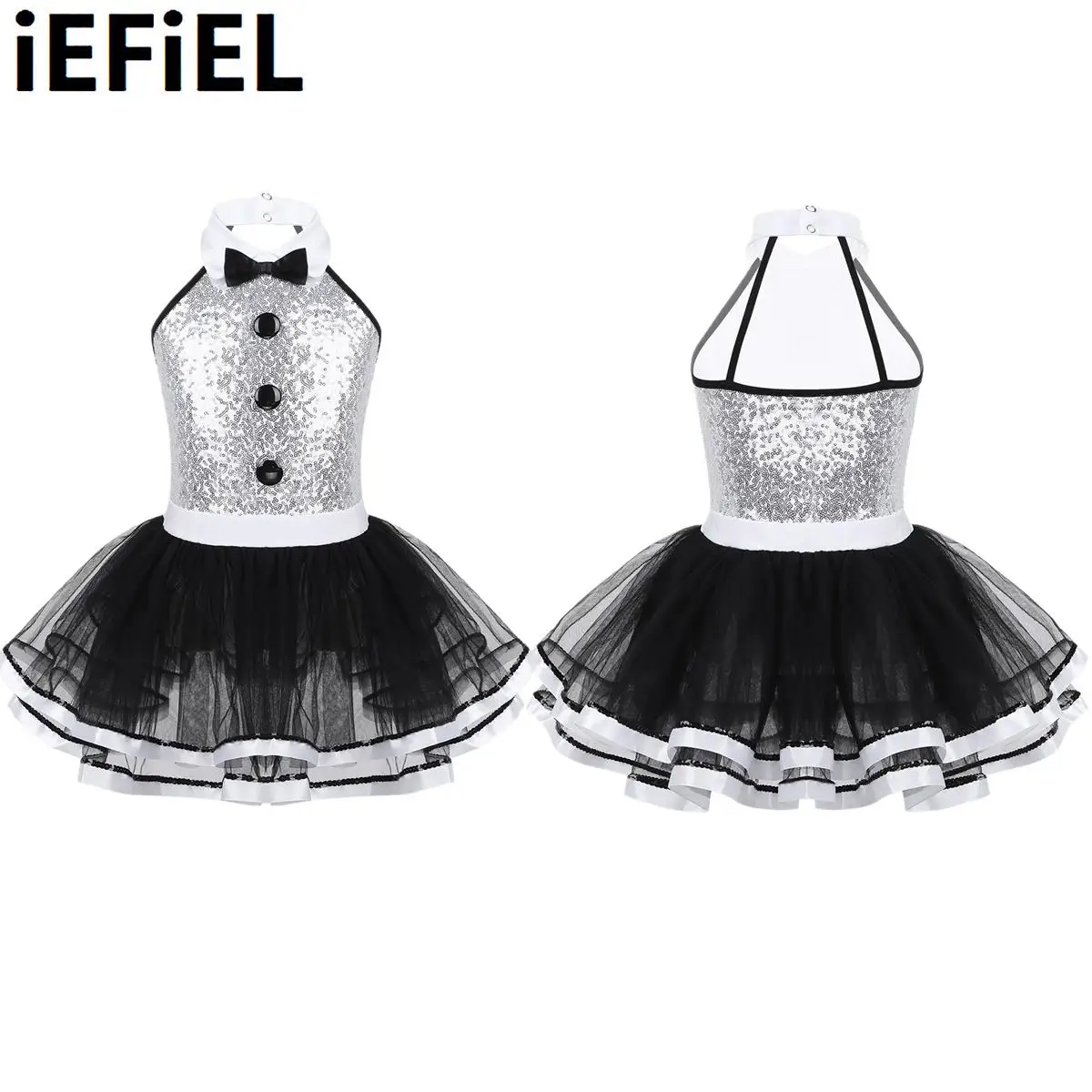 

Kids Girls Shiny Sequins Tutu Dance Dress Sleeveless Decorative Buttons Ballet Gymnastics Mesh Modern Dance Dress