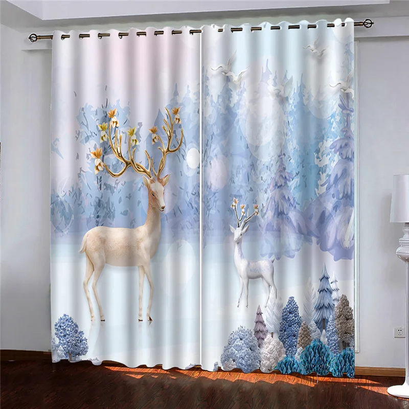 HUANZHUANG Luxury Curtains For Living Room Winter Snowy Elk Tasteful Modern Fashion 2 Pieces Winodw Curtain For Bedroom