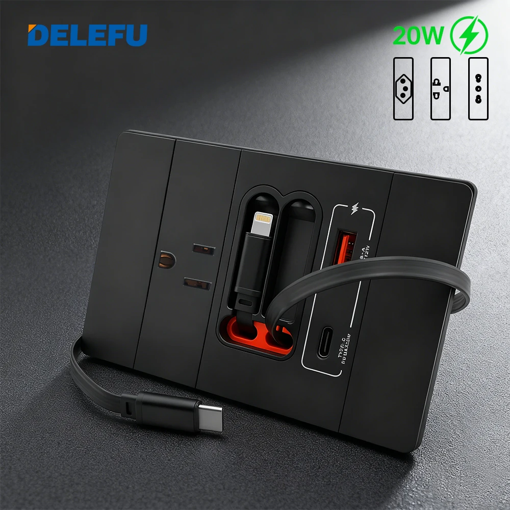 DELEFU American Standard PC Flame-retardant Panel HY-118 Telescopic Cable 20w Fast Charging USB-C Wall Socket White, Black, Gray