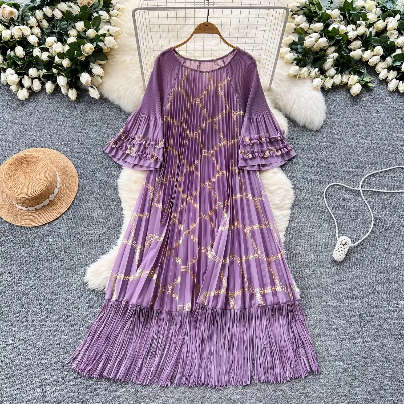 

Occident Fashion Loose Casual Vestidos De Mujer Flare Sleeve Flower Print Draped High Grade Party Dresses Tassel Chic Robe Femme