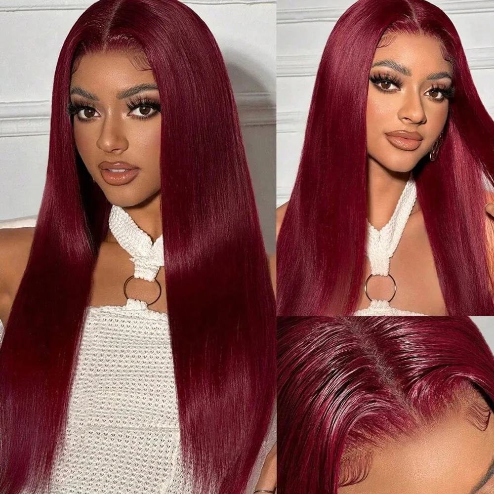الدانتيل الشفاف الجبهة قبل قطعها موجة مستقيمة 13X4 باروكة من شعر طبيعي 99J 250% الكثافة شعر مستعار أمامي للنساء لون بورجوندي