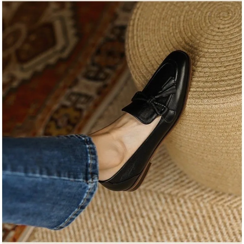 

New Retro British Style Square Head Women's Loafers Shoes Summer Fashion Style Tassel Comfortable Single Shoes Women Brown Shoes
