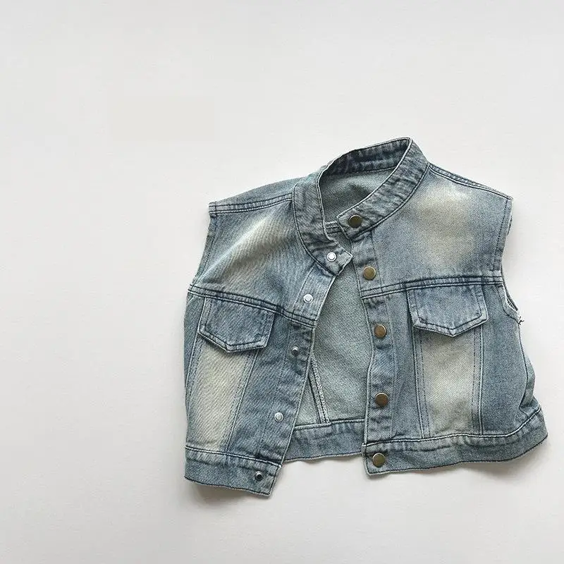 Spring New Children Vintage Denim Vest Jacket Toddler Boys Casual Versatile Tops Fashion Girls Sleeveless Vest Coat Kids Clothes