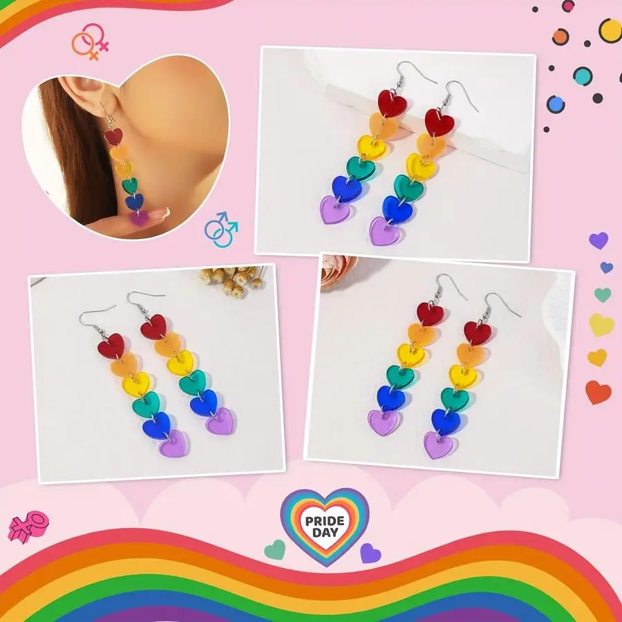 1/5/10/20/50/100pcs Unisex Rainbow Heart Drop Earrings Suitable for - LGBT Pride Month Party Accessories, Year-Round Wearable Ra