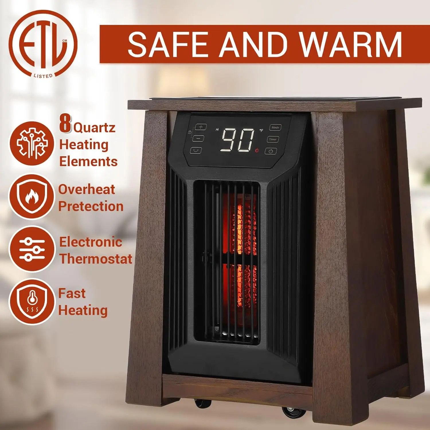 Infrared Quartz Space Heater for Indoor Use, 1500W Electric Room Heaters with Remote Control, Thermostat, Oscillation