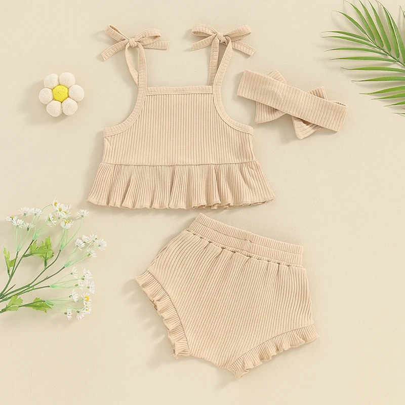 3Pcs Baby Girls Clothes Summer Outfits Solid Color Ruffled Sleeveless Camisole Tops Elastic Waist Shorts Cute Headband Set