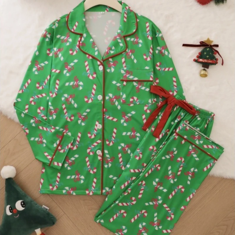 foreign-trade-women's-pajamas-autumn-christmas-printed-lapel-collar-long-sleeved-trousers-european-and-american-cardigan-pajamas