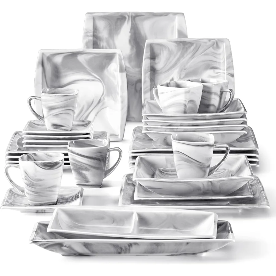 32Piece Porcelain Dinnerware Set for 6 with Marble Grey Design Includes Plates Bowls Cups and Saucers Side Dish Plates Square D