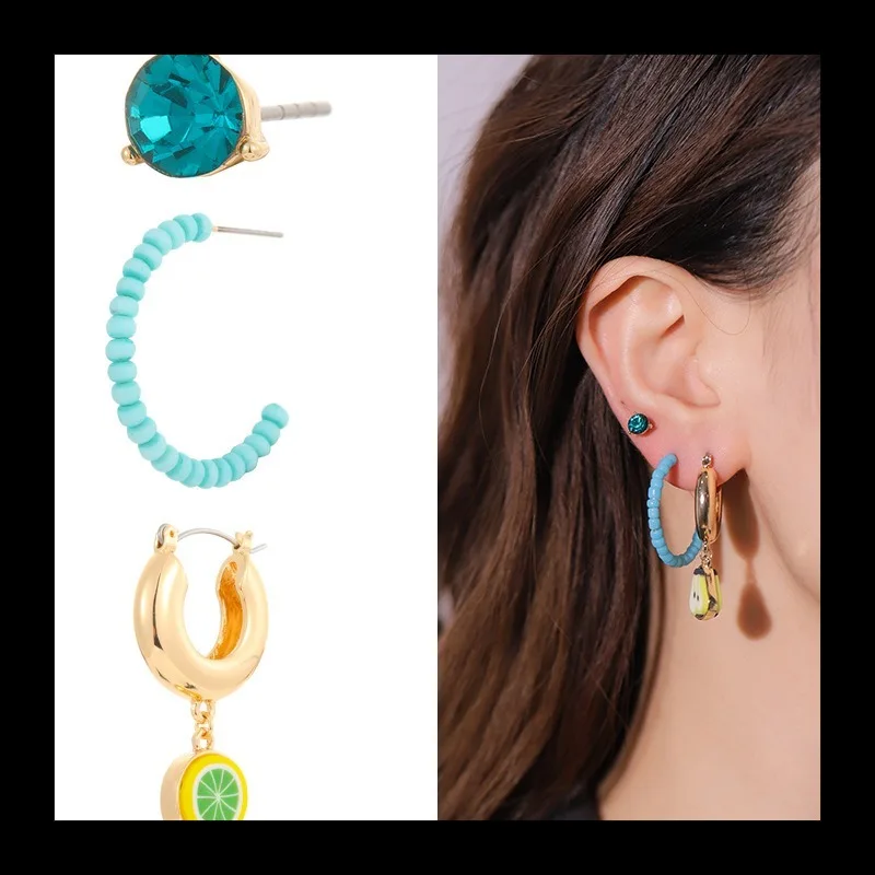 Diseño Original, cuentas de arroz felices, fruta de cerámica blanda, conjunto de pares múltiples, aro combinado, pendientes personalizados