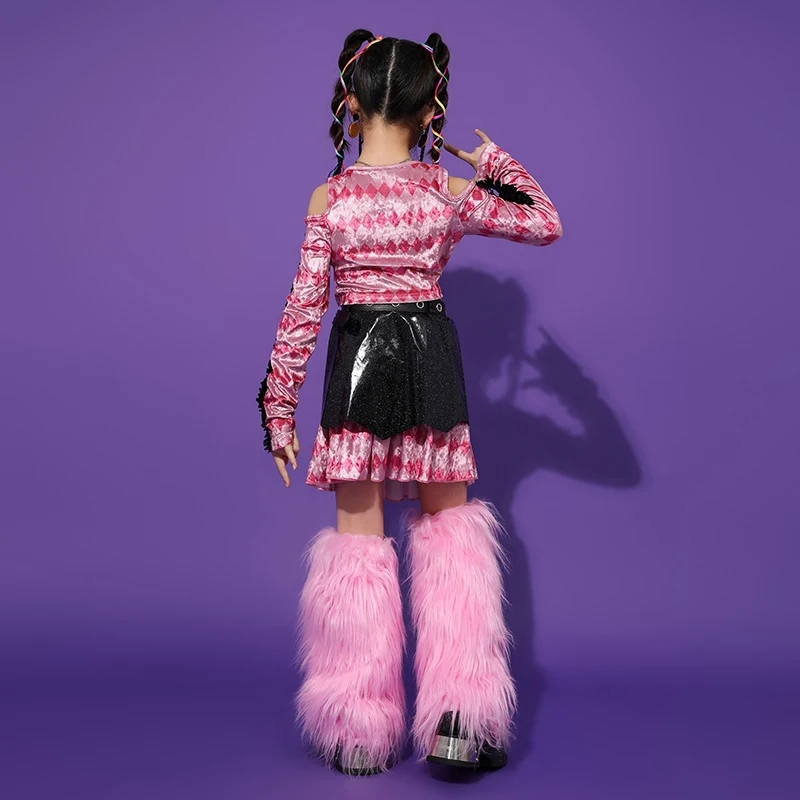 Modern Jazz Dance Costume Girls Pink Crop Tops Feather Calf Cover Kids Hip Hop Performance Clothes Fashion Stage Wear BL12954