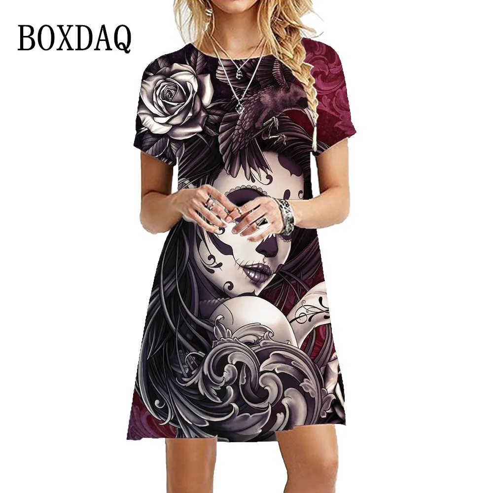 2023 Ladies Print Dress Summer Fashion Women Gothic Pattern Horror Beauty Skull Party Dresses Casual Short Sleeve A-Line Dress