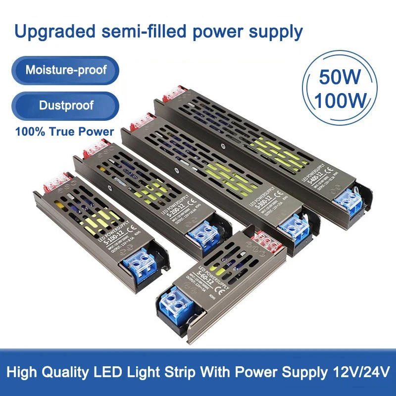 

Silent Slim 50w 100w 12v 24v Led Light Strip Power Supply Low Voltage Transformer Light Strip Driver