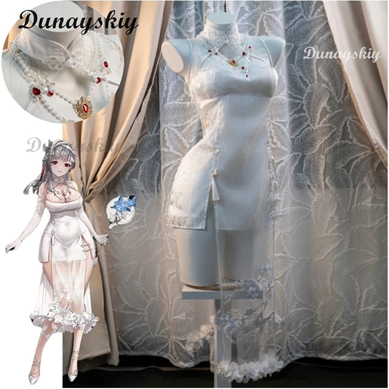 

Game Nikke The Goddess of Victory Modernia Marian Cosplay Costume White Cheongsam Butterfly Love Flower Dress Halloween Outfits