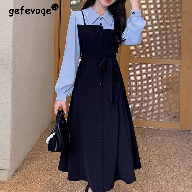 Women Stylish Lace-up Sweet Elegant Patchwork Fake Two Piece Shirt Dresses Korean High Waist Long Sleeve Slim Midi Dress Vestido