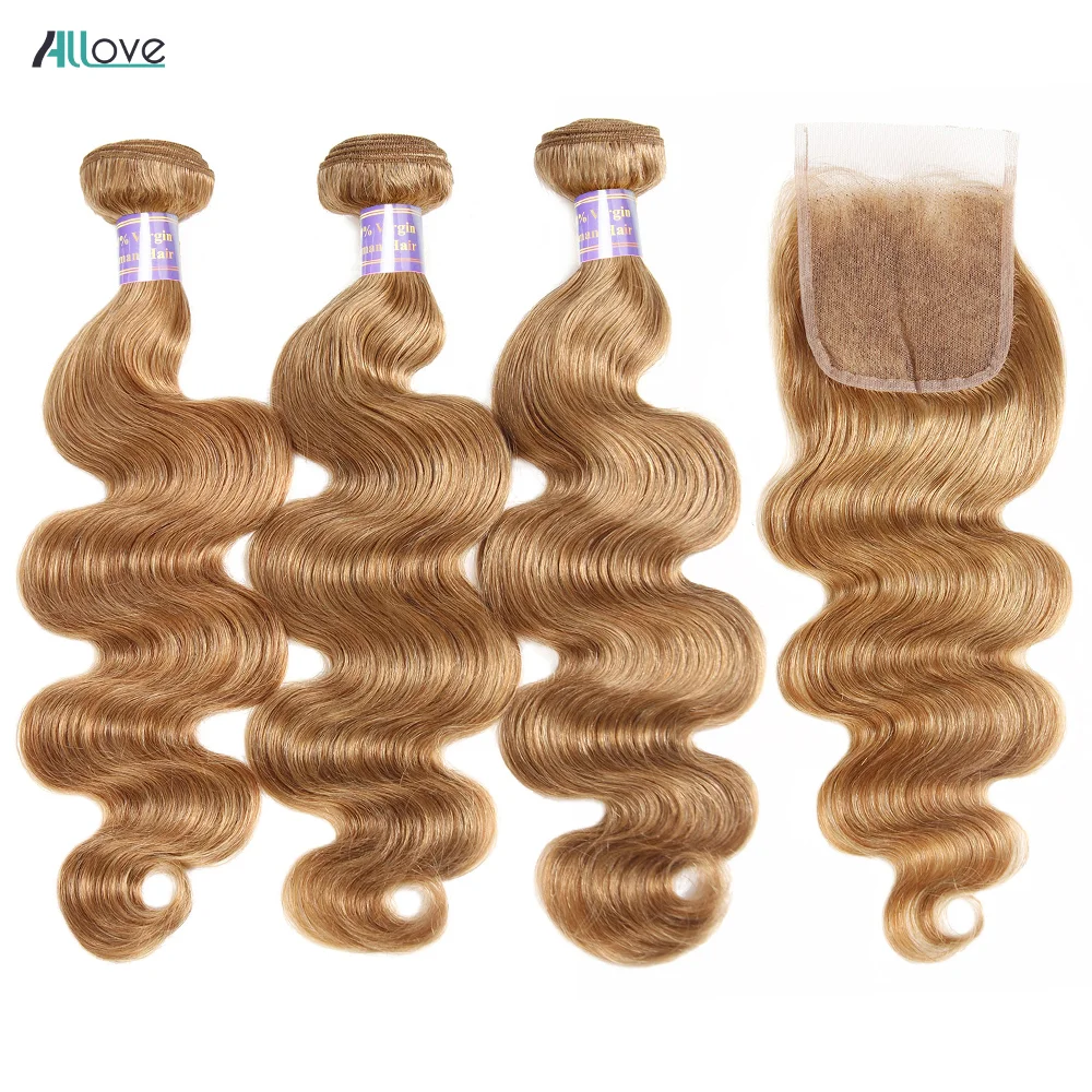 Mèches Body Wave Brésiliennes Naturelles Remy, Couleur Blond Miel 27 #, 4x4, avec Closure, Extensions de Cheveux