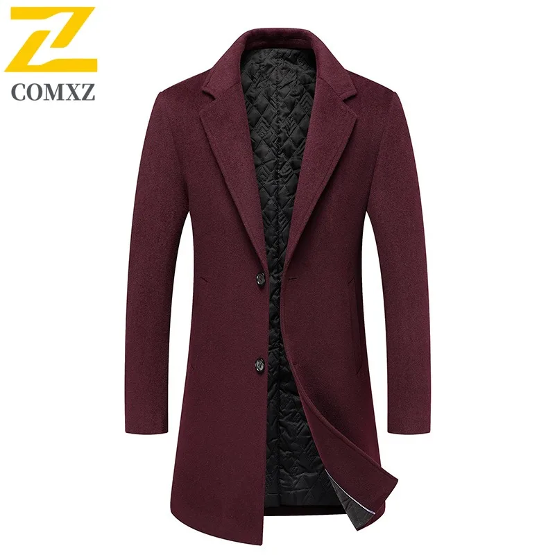 COMXZ 2025 Men Wool Coat Winter Padded Thick Long Tweed Jacket Fashion Casual Suit Collar Solid Trench Coat Trendy windbreaker