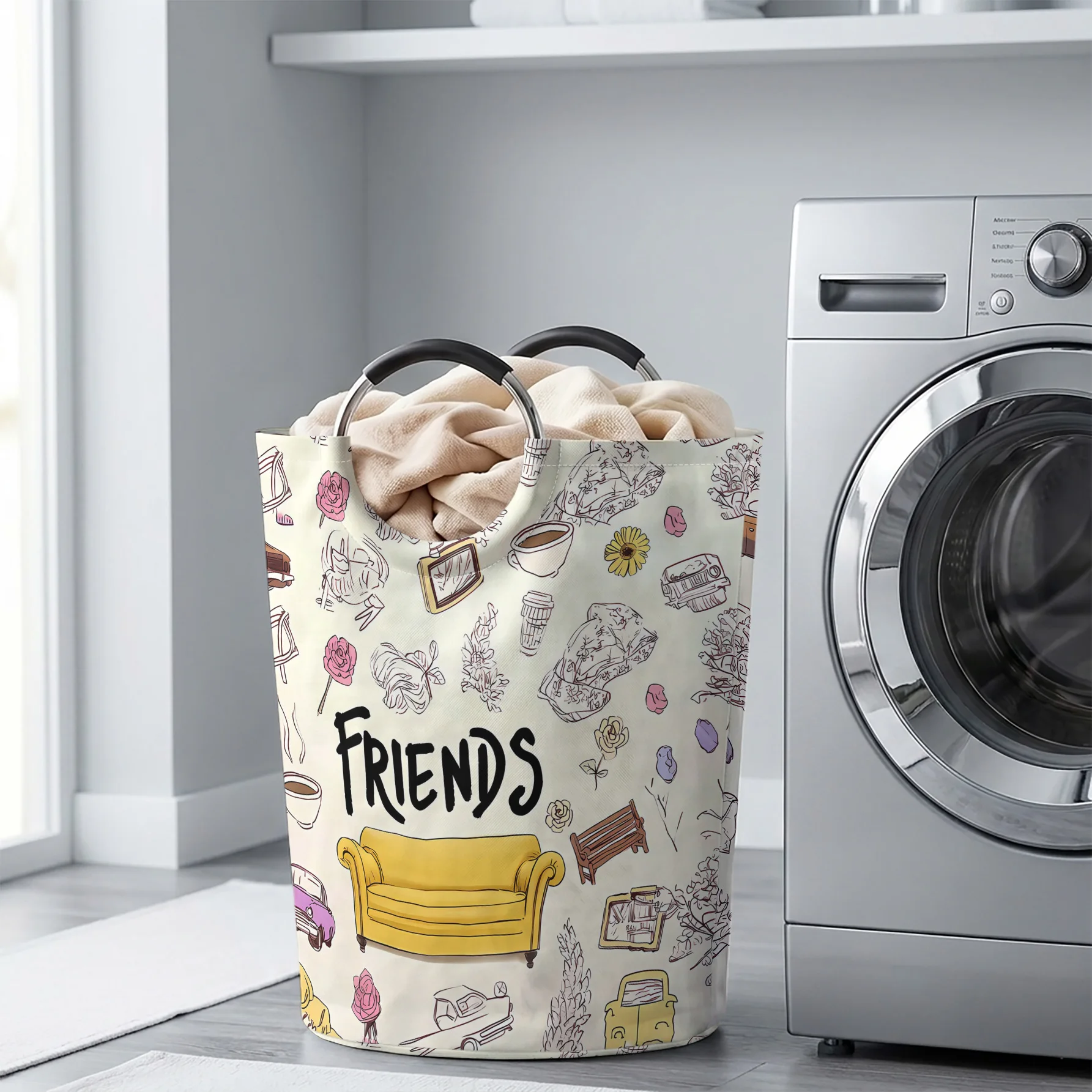 FRIENDS Yellow Sofa Sketch Elements All Over Print Handheld Storage Basket, For Laundry, Bedroom & Home Sundries Storage