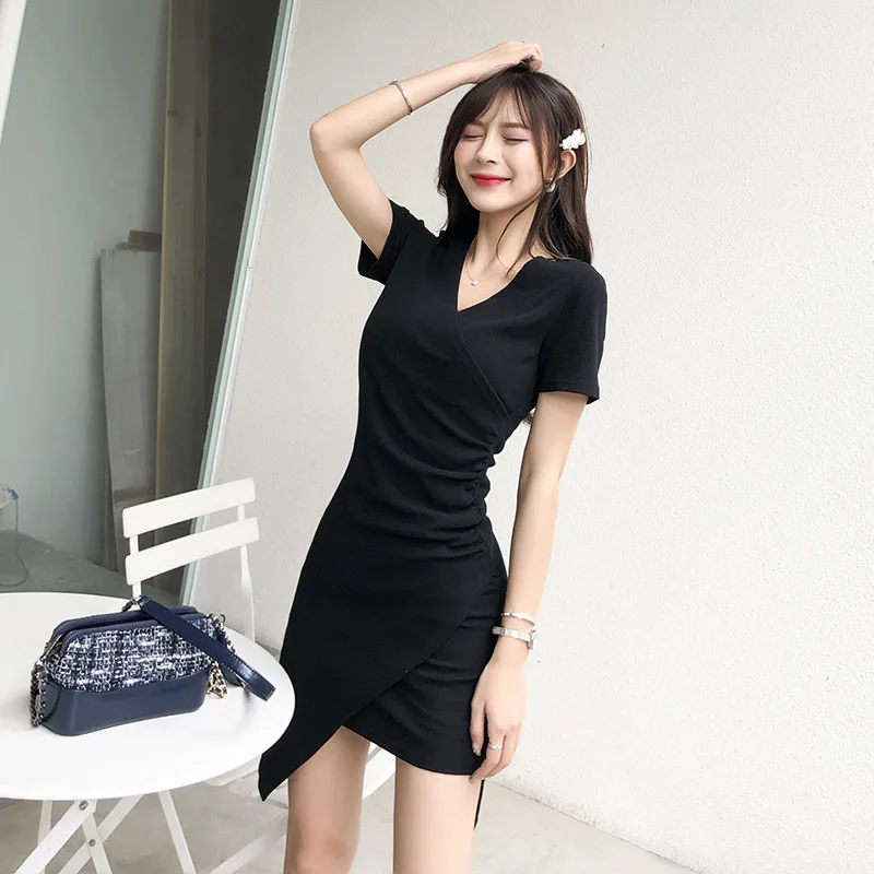 # 0440 Sommer Unregelmäßiges Kurzes Kleid V-ausschnitt Schlank Sexy Split Joint Mini Kleid Kurzarm Baumwolle T Shirt Kleid Frauen Frankreich Stil