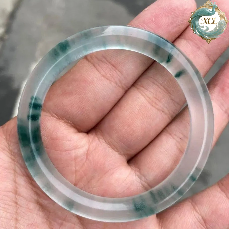 

Натуральный нефритовый браслет Jingle Dulong | Тонкий полосатый нефритовый браслет с зеленым оттенком Cui, ледяной текстурой и цветочными узорами для женщин