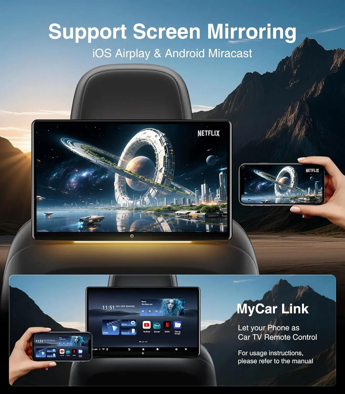 13.5 "4K Video Android Car TV Headrest Display WiFi Bluetooth Function IPS Touch Screen Media Player Phone Control MirrorLink - view 4