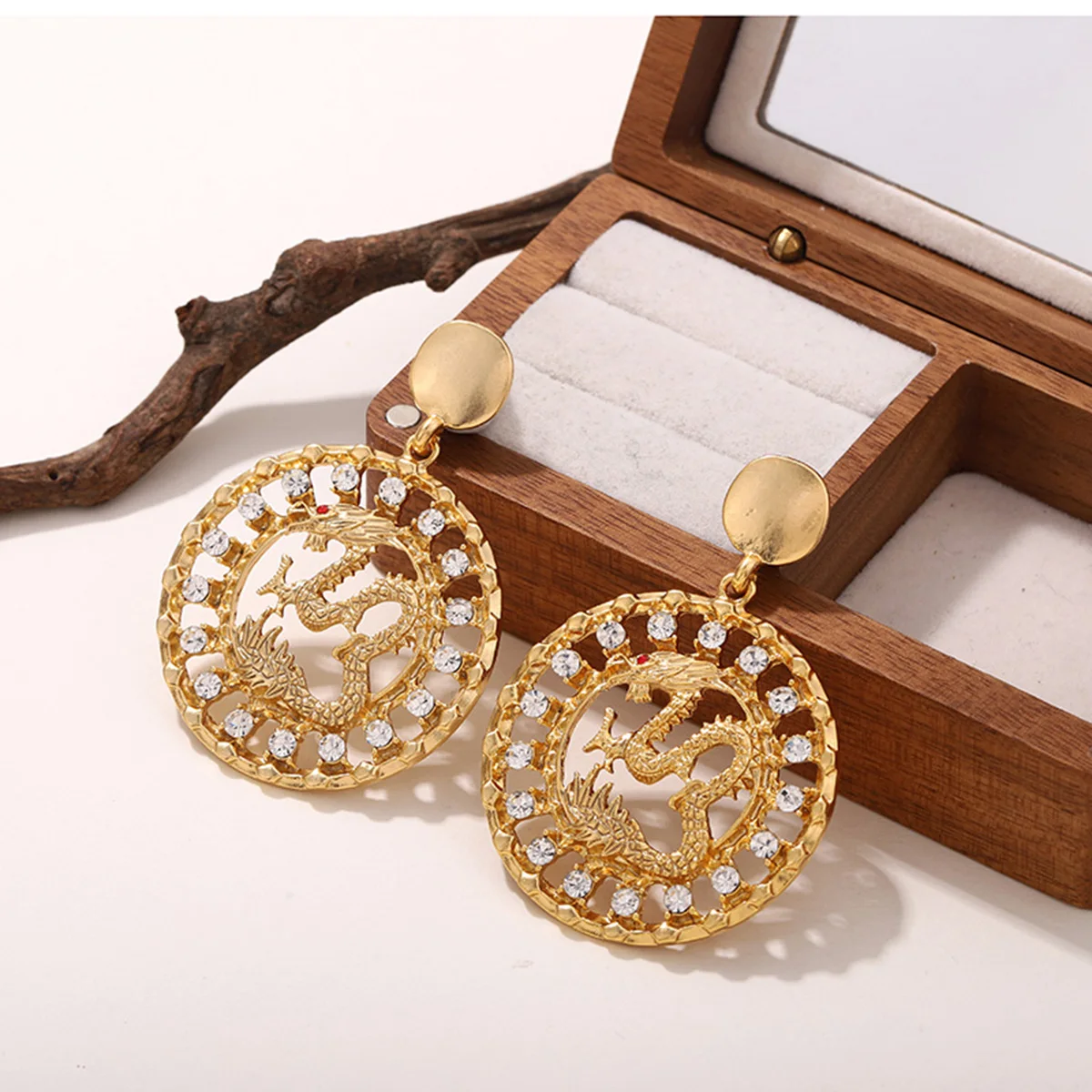 

Exquisite Chinese Dragon Gold Color Hoop Drop Earrings with Sparkling Rhinestones - Women's Ethnic Statement Jewelry