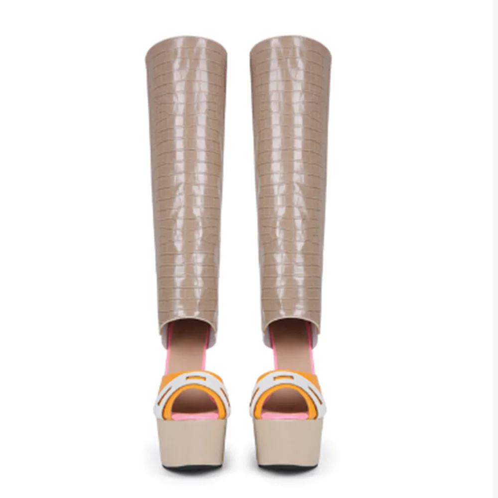 

Khaki Pink Peep Toe Patchwork Boots Cut Front Spike Heel Knee High Shoes for Women High Heels Shoes Zapatos Para Mujere