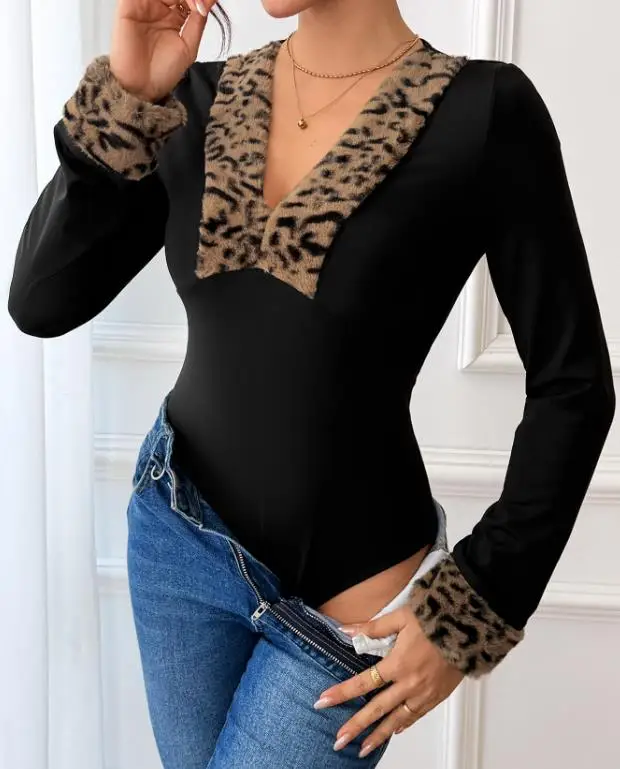 

2025 Autumn/winter New Retro Party Sexy Style V-Neck Leopard Print Patchwork Long Sleeved Jumpsuit