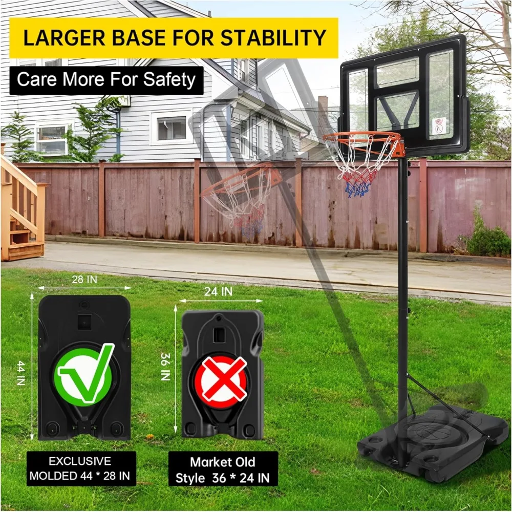 Sistema de portería de baloncesto portátil con altura ajustable, aro exterior de 4-10 pies, base ampliada y tablero de PC para cancha versátil