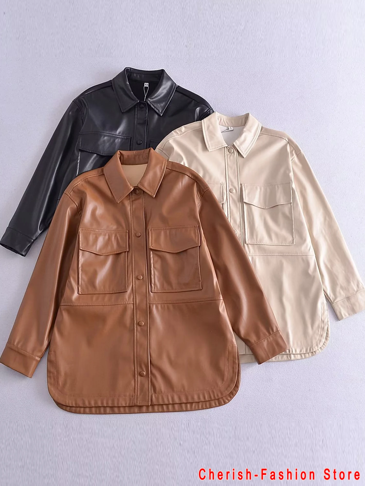 

Women Fashion Faux Leather Blouses Jacket Coats Female Long Sleeves Single Breasted With Pockets Outerwear 3 Color Leather Shirt