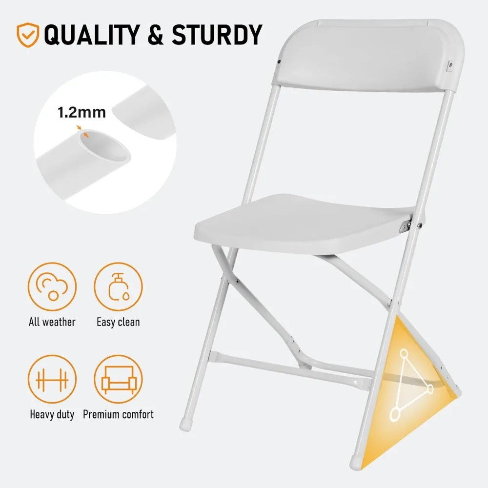 Portable Stackable Plastic Folding Chairs - White, Indoor/Outdoor Use, Steel Frame, 350lb Capacity for Events and Gatherings