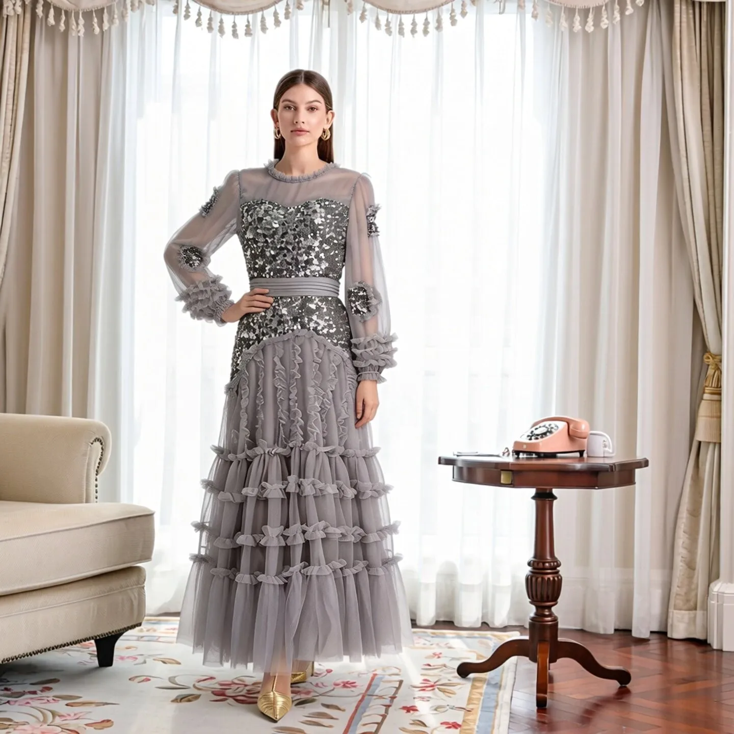 Elegant Grey Long Sleeve Mesh Dress with Sequins for Women Vintage Princess Style Cake Skirt High Waist Ball Gown for Wedding