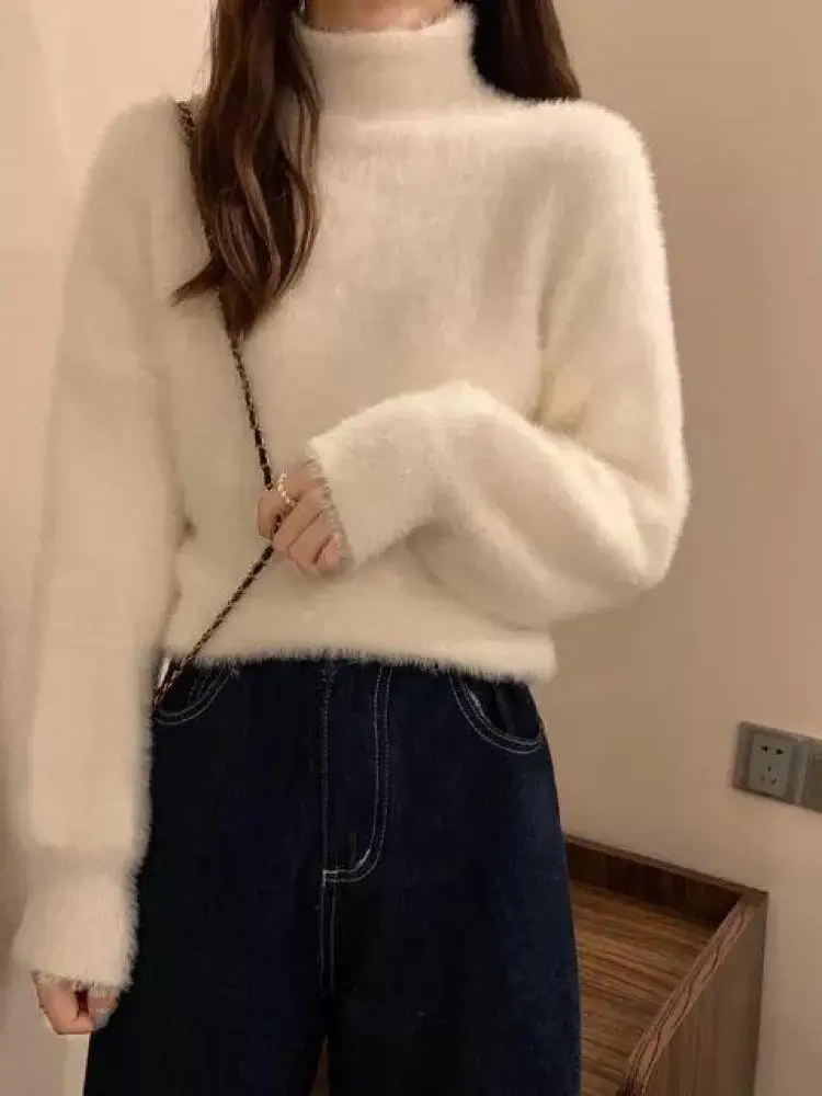 Winter Imitate Mink Wool Hot Fleecing Female Turtleneck Thicken Elastic Casual Sweater Women Knitted Tops Pullovers Soft  Warm