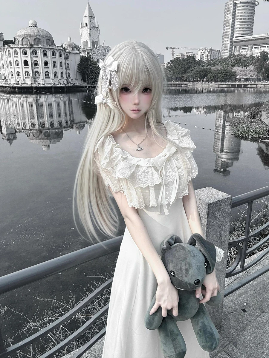 Reddachic babados tripulação pescoço feminino vestido longo lolita ponto laço arco rendas até mangas curtas plissados midi vestido longo roupas vintage