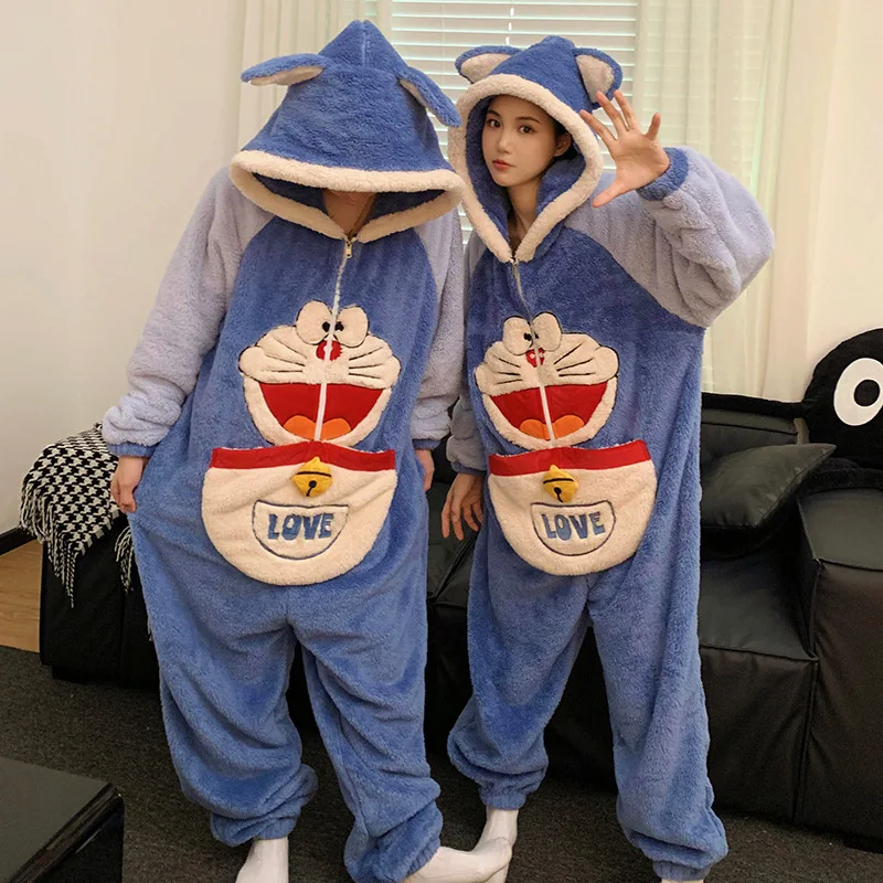 Cute Cartoon Sanrio Kuromi Cinnamoroll Conjoined Couple Pajamas For Men And Women In Winter Plush Home Clothing