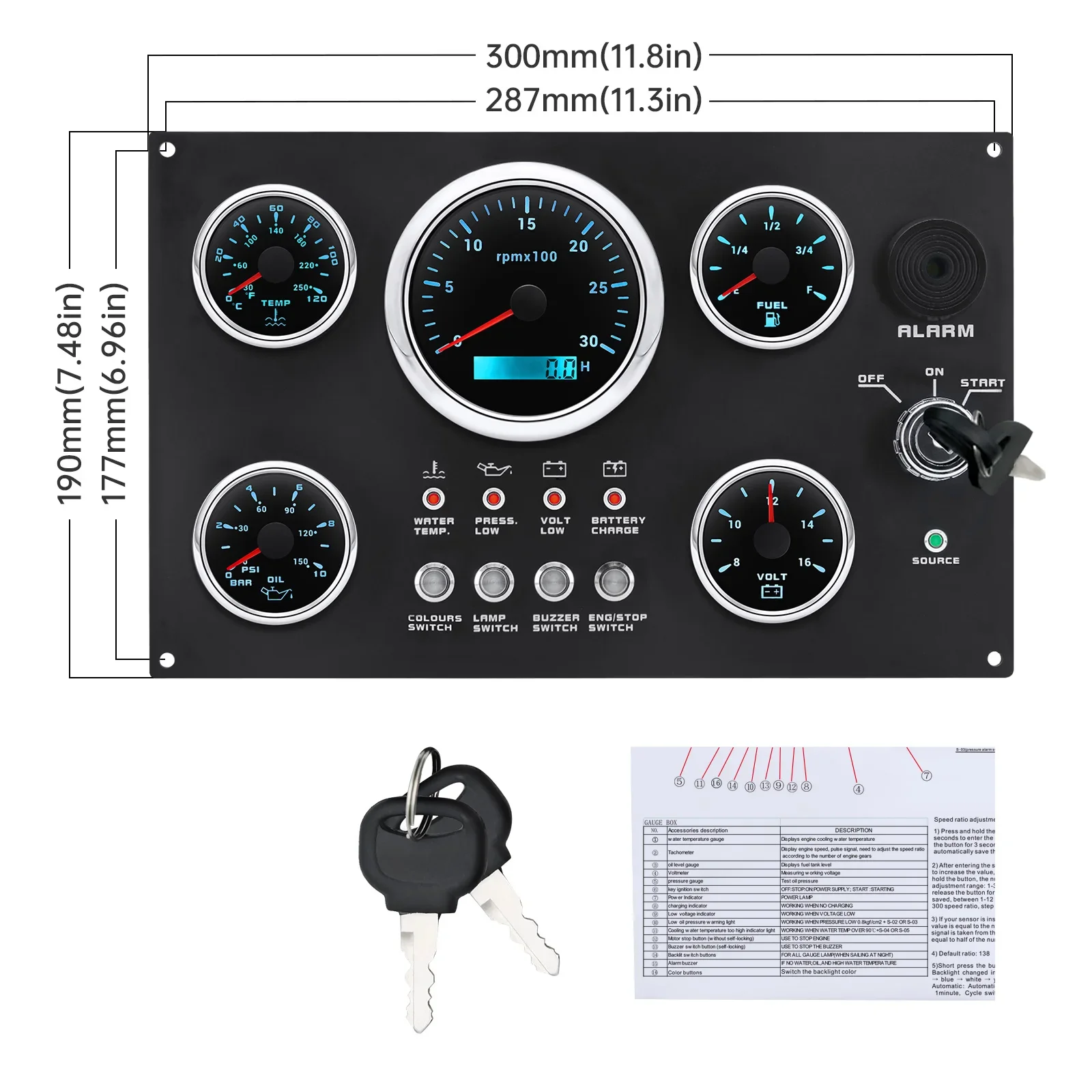 12V/24V 5 Gauge Sets Marine Boat Digital Dashboard 3000RPM Tachometer Water Temp Fuel Level Oil Press Voltmeter 8-16V 16-32V
