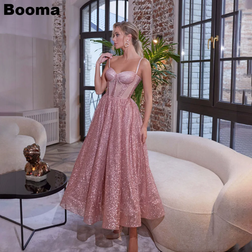 Booma Shiny Pink A Line Evening Dresses Sweetheart Boning Corset Prom Gowns Anke Length Gillter Formal Occasion Dresses Women