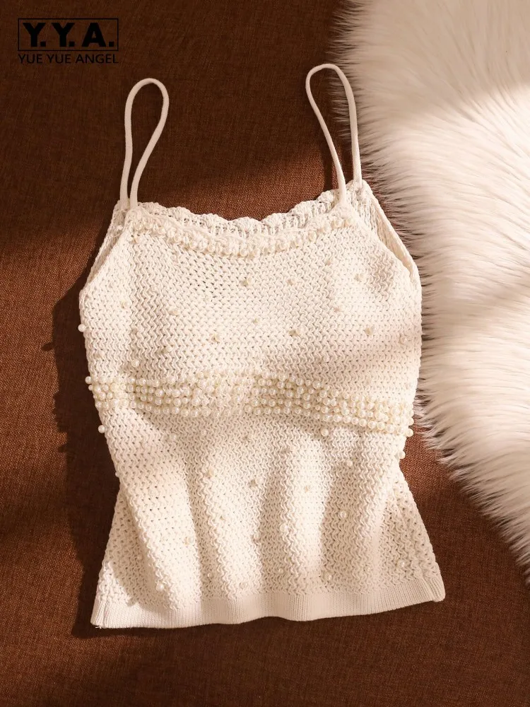 

Summer Sexy Slim Fit Women Knitted Vest Pearls Bead Solid Color Suspenders Camisole High Street New Casual Pullover Tank Tops