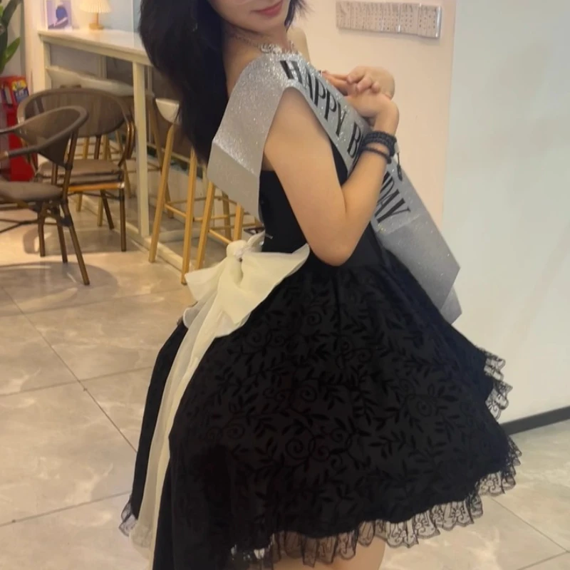 French Black Bow Lace Hollow Out Sexy Princess Dress Original Design 2025 New Sweet Waist-Cinching Puffy Tube Top Dresses Ladies