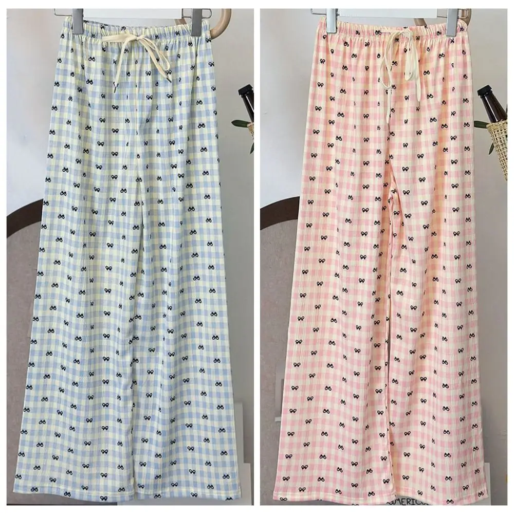 신축성 있는 허리 스트라이프 체크무늬 리본 잠옷 바지 달콤한 리본 격자무늬 긴 바지 실내외 홈웨어 캐주얼 바지