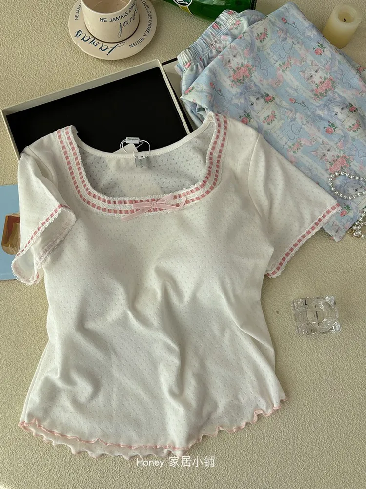 2025 summer new sweet sister short-sleeved pajamas cartoon cute cat woven cotton casual loose loungewear three-piece set