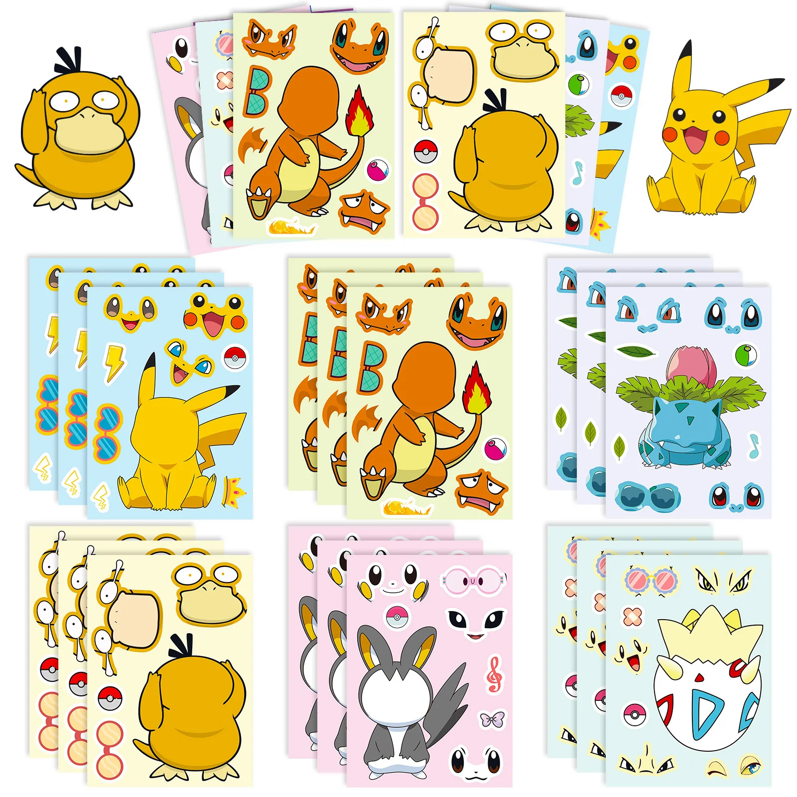 

6/12Sheets Pokemon Puzzle Stickers Pikachu Make-a-Face Assemble Funny Anime Decal Assemble Jigsaw DIY Cartoon Children Toy Gift