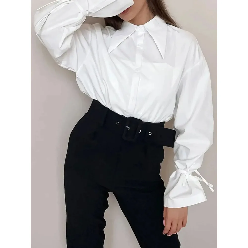 

Новая женская повседневная рубашка с длинным рукавом на весну-осень 2026 года, с бантом, отложным воротником, на пуговицах, на шнуровке, однотонная, базовая модель