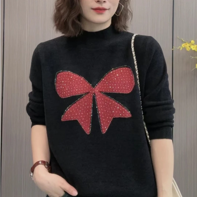 Temperament Fashion Autumn Sweaters Women Half High Colla Bow Diamonds Korean Casual Long Sleeve Loose Pullovers Knitted Tops