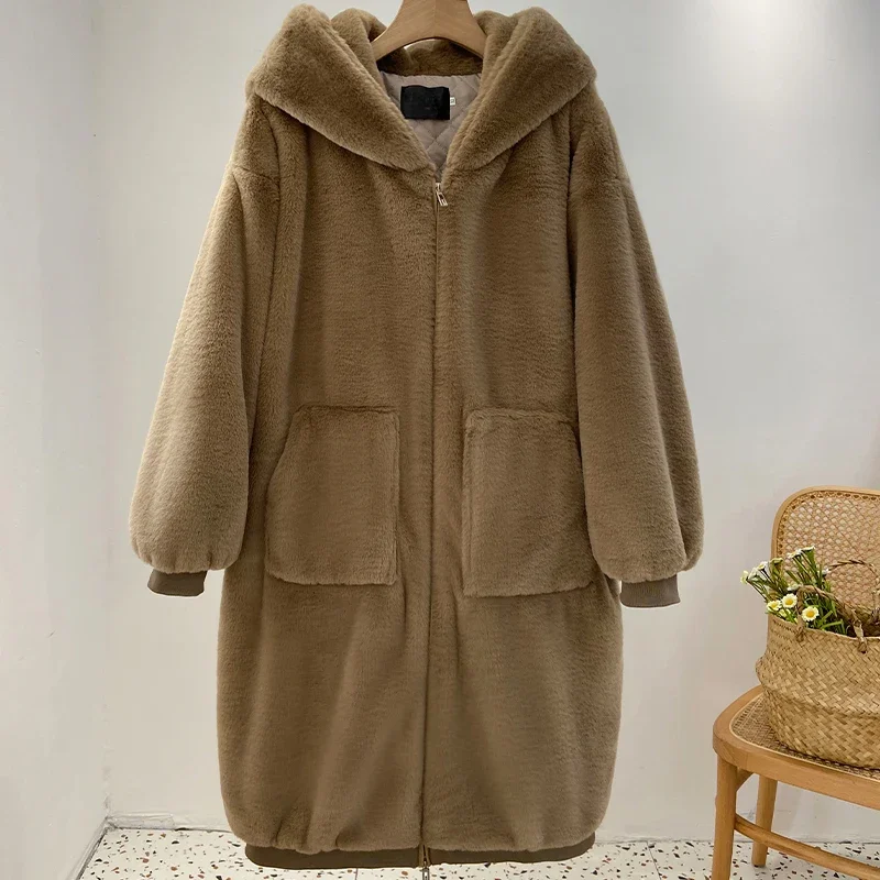 Fashion Runaway Gigi Iconic Long Faux Fur Coat Women 2023 Winter Luxury Brand Thick Warm Hooded Jacket Fake Rabbit Fur Overcoats