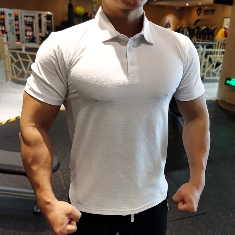

2024 Men Sport Training summer Polo T-shirt Short Sleeve Male Casual elastic Quick dry Gym Running Fitness Slim Tees Tops